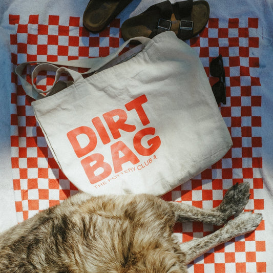 Cat lying on a red and white checkered blanket next to a 'Dirt Bag' bag.